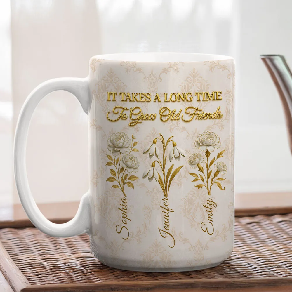 Personalized Vintage Floral Ceramic Mug With 'It Takes A Long Time To Grow An Old Friend' Quote - Unique Best Friend Gift - Image 7