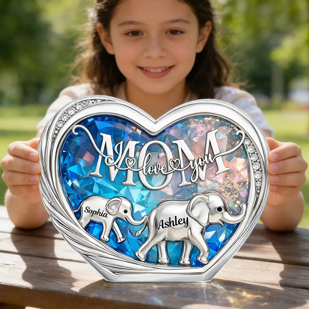 Personalized Shaped Acrylic Block Plaque with Elephant Family in Heart, 'Mom We Love You' Unique Gift for Mom - Image 5