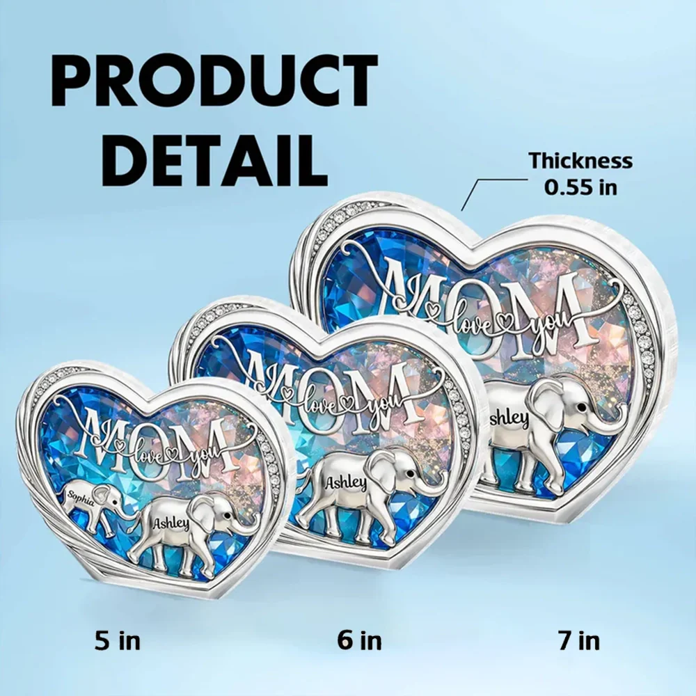 Personalized Shaped Acrylic Block Plaque with Elephant Family in Heart, 'Mom We Love You' Unique Gift for Mom - Image 6