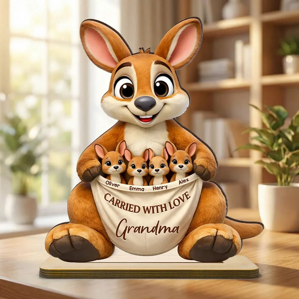 2-Layer Wooden Plaque Personalized Family Keepsake, Cute Kangaroo Grandma Holding Joeys With Carried With Love, Heartfelt Gift