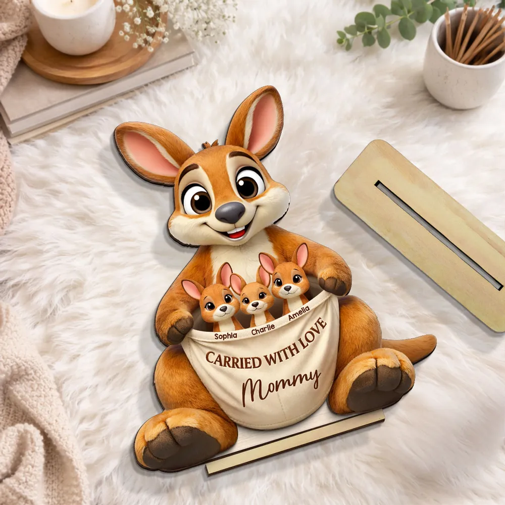 2-Layer Wooden Plaque Personalized Family Keepsake, Cute Kangaroo Grandma Holding Joeys With Carried With Love, Heartfelt Gift - Image 3