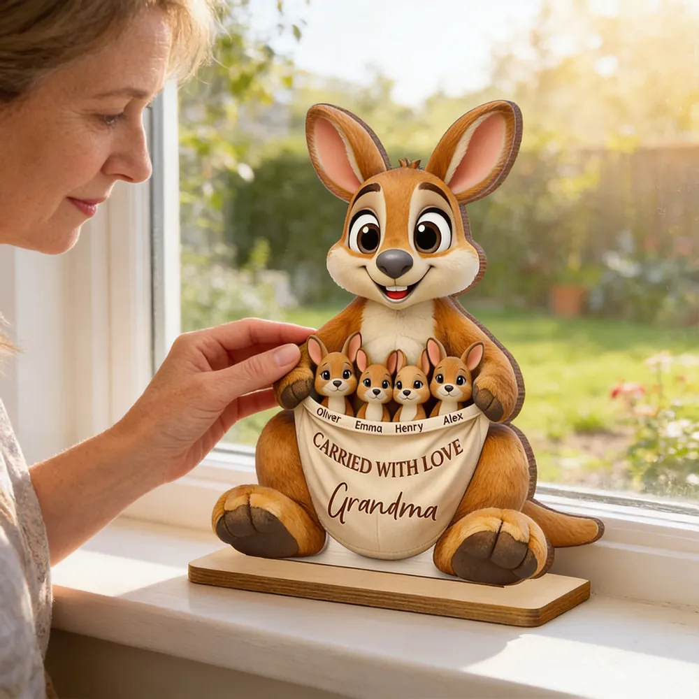 2-Layer Wooden Plaque Personalized Family Keepsake, Cute Kangaroo Grandma Holding Joeys With Carried With Love, Heartfelt Gift - Image 5