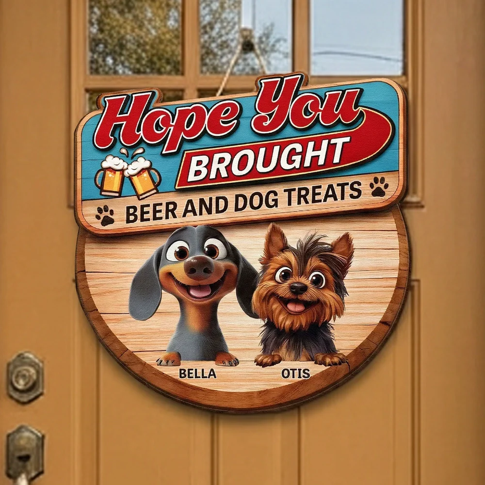 Custom Cartoon Dogs Wooden Sign with Beer Mugs, Funny Welcome Entryway Decor, Sweet Unique Holiday Gift for Pet Owners