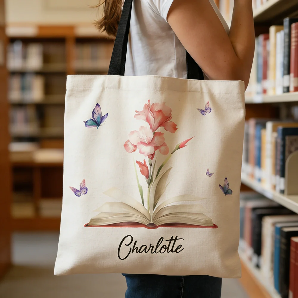 Personalized Tote Bag with Birth Flower Book Design, Butterfly Accent, Unique Gift for Book Lovers and Book Club Friends