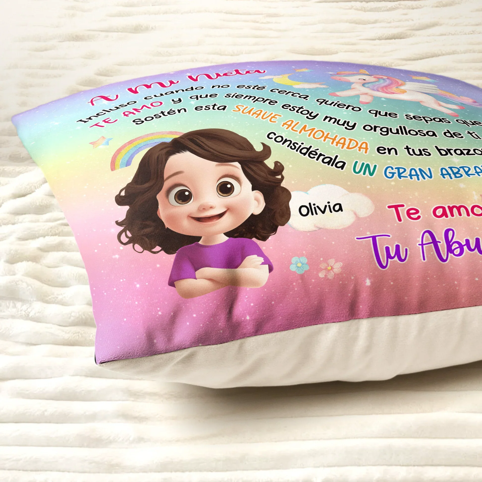 Cojín Cuadrado Personalizado con Unicornio y Arcoíris – Un Regalo Lleno de Amor para Mi Nieta - Image 3