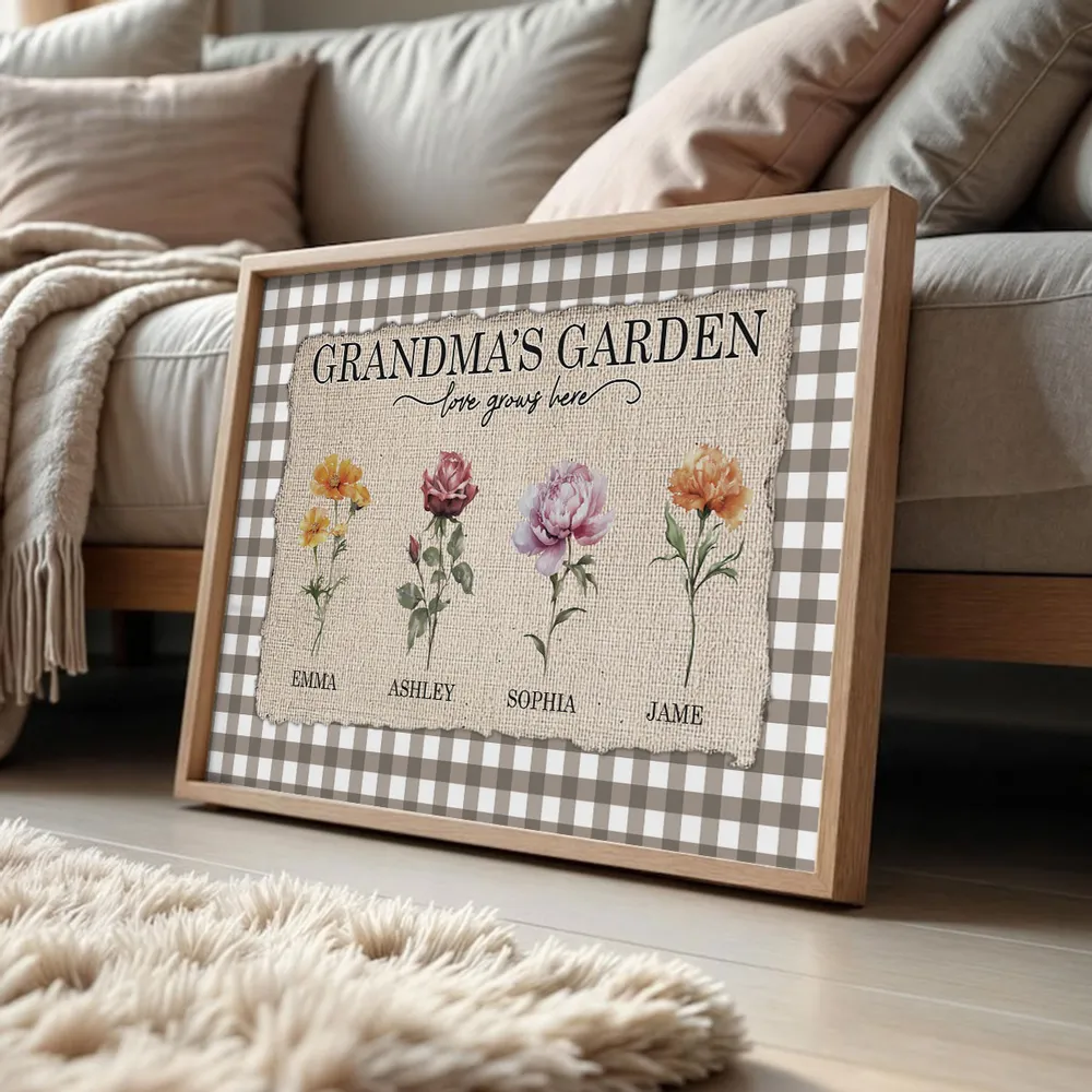 Personalized Grandma's Garden Birth Month Flowers Poster, Gingham Wall Art, Unique Gift for Grandma or Mom - Image 6