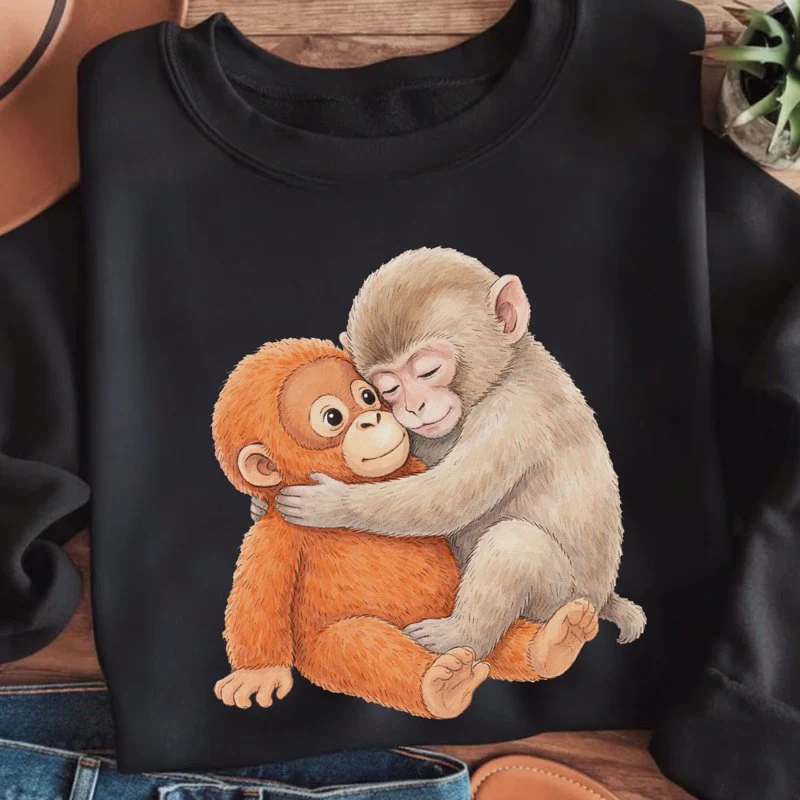 Cute Punch Monkey Graphic Classic Tee, Hugging Baby Monkey Art, Cozy Viral Animal Lover Gift Shirt - Image 3
