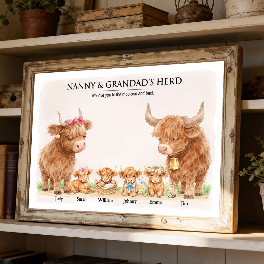 Personalized Highland Cow Family Poster, Nanny & Grandad's Herd Wall Art, Sweet Farm Nursery Decor, Unique Gift for Grandma & Grandpa - Image 6