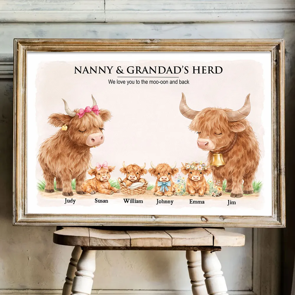 Personalized Highland Cow Family Poster, Nanny & Grandad's Herd Wall Art, Sweet Farm Nursery Decor, Unique Gift for Grandma & Grandpa - Image 8