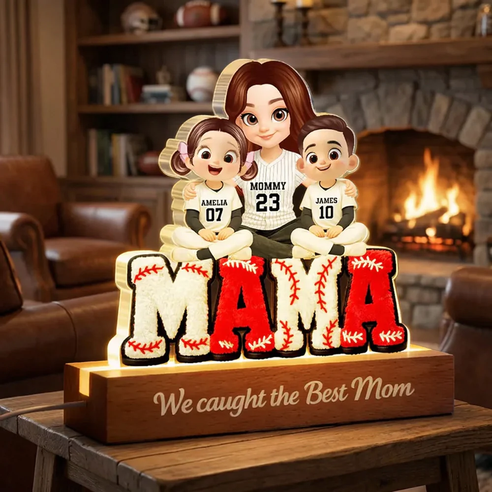 Block LED Light Plaque With Baseball Mama Hugging Kids, 'We Caught the Best Mom', Cozy Bedside Gift