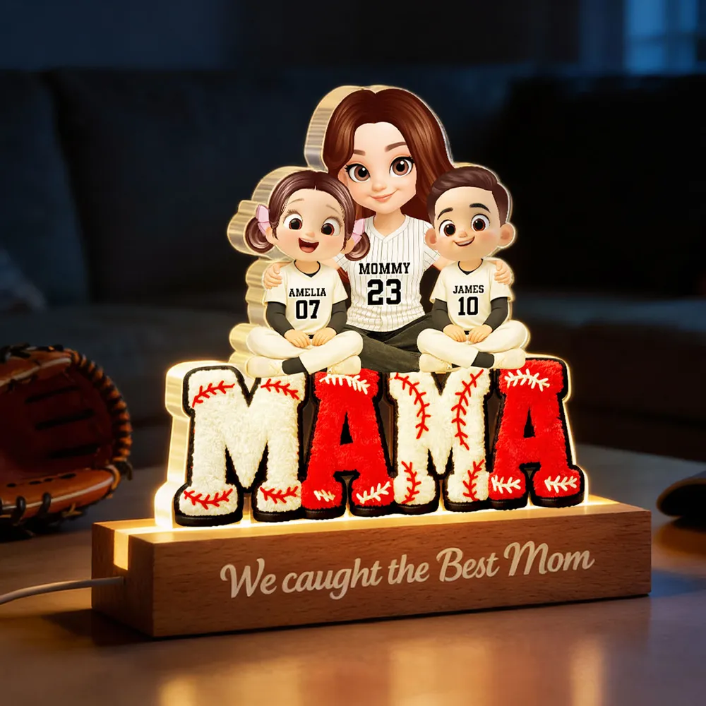 Block LED Light Plaque With Baseball Mama Hugging Kids, 'We Caught the Best Mom', Cozy Bedside Gift - Image 2