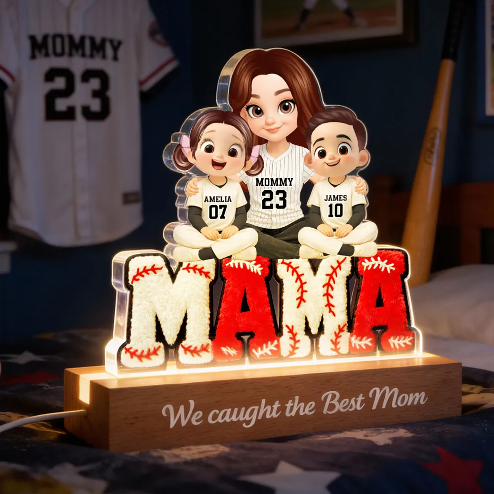 Block LED Light Plaque With Baseball Mama Hugging Kids, 'We Caught the Best Mom', Cozy Bedside Gift - Image 3
