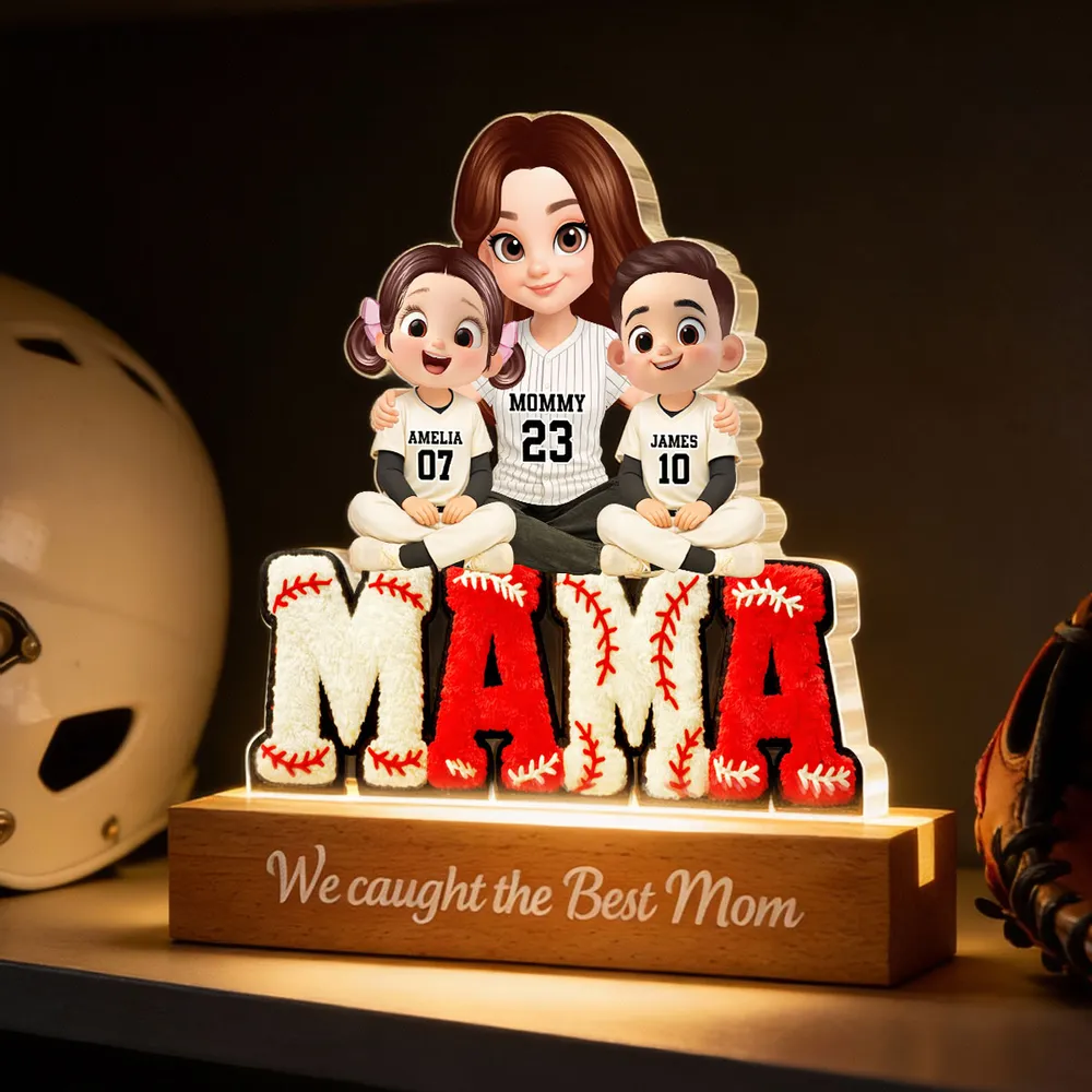 Block LED Light Plaque With Baseball Mama Hugging Kids, 'We Caught the Best Mom', Cozy Bedside Gift - Image 6