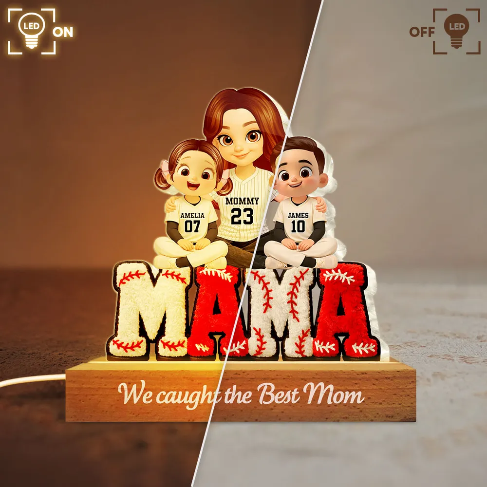 Block LED Light Plaque With Baseball Mama Hugging Kids, 'We Caught the Best Mom', Cozy Bedside Gift - Image 8