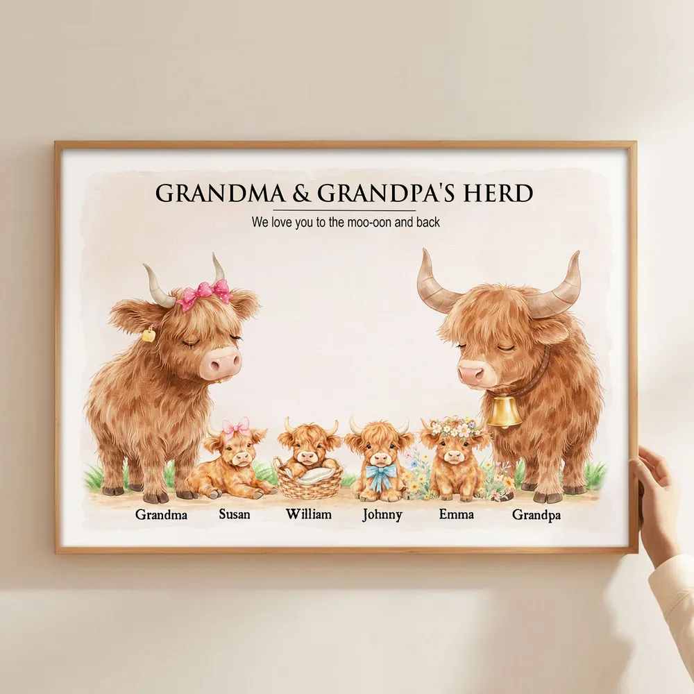 Personalized Highland Cow Family Poster, Grandma & Grandpa's Herd Wall Art, Unique Gift for Grandparents - Image 7