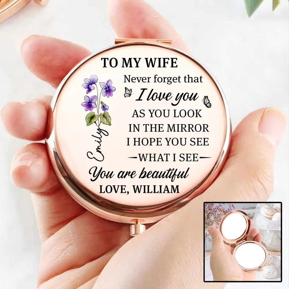 Metal Compact Mirror with Sweet Mirror Message for Wife, Personalized Touch, Purple Floral Design, Thoughtful Gift for Her - Image 4