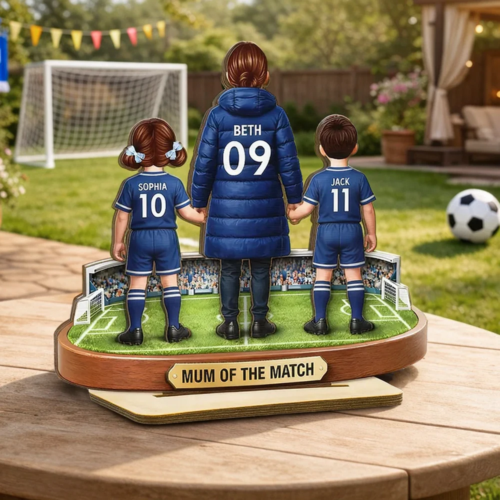 Personalized 2-Layer Wooden Plaque Soccer Mom and Kids Holding Hands Field Scene, Mum of the Match Unique Gift