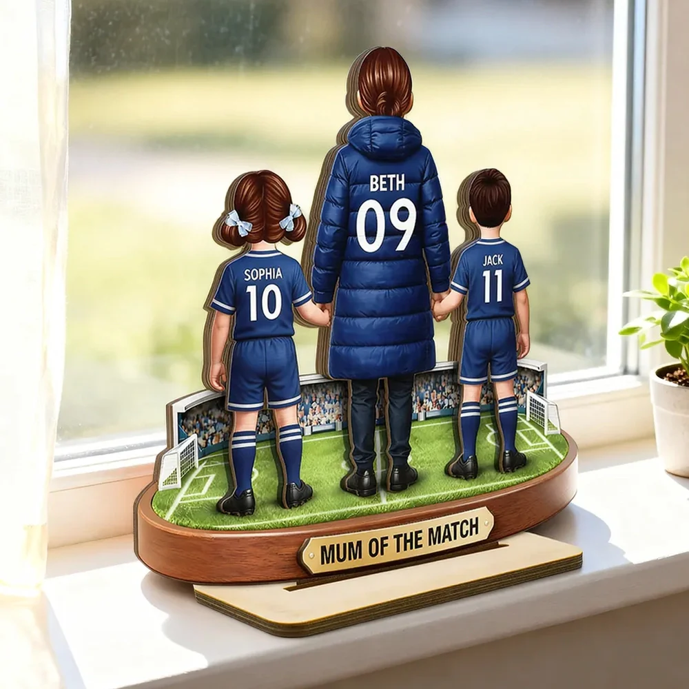 Personalized 2-Layer Wooden Plaque Soccer Mom and Kids Holding Hands Field Scene, Mum of the Match Unique Gift - Image 2