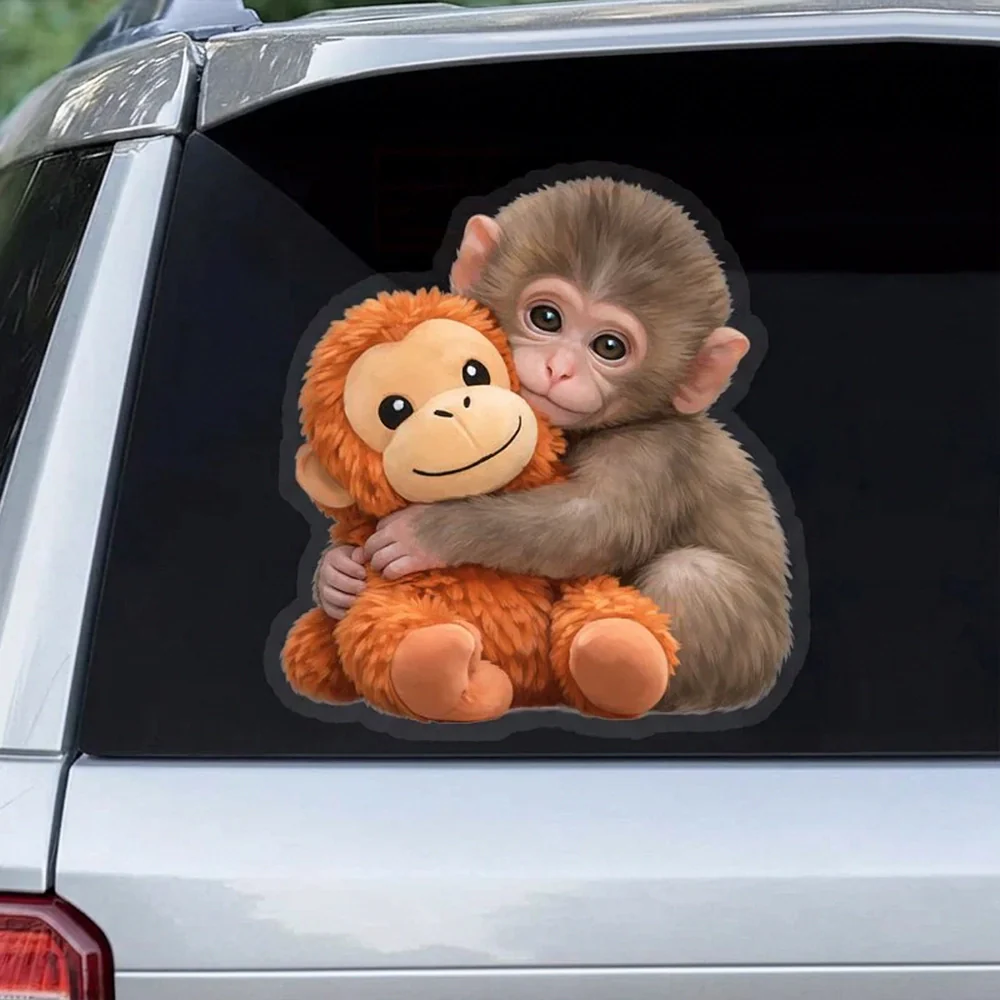 Personalized Baby Monkey Hugging Plush Sticker Decal for Car Window or Locker, Cute Unique Gift for Kids & Grandson