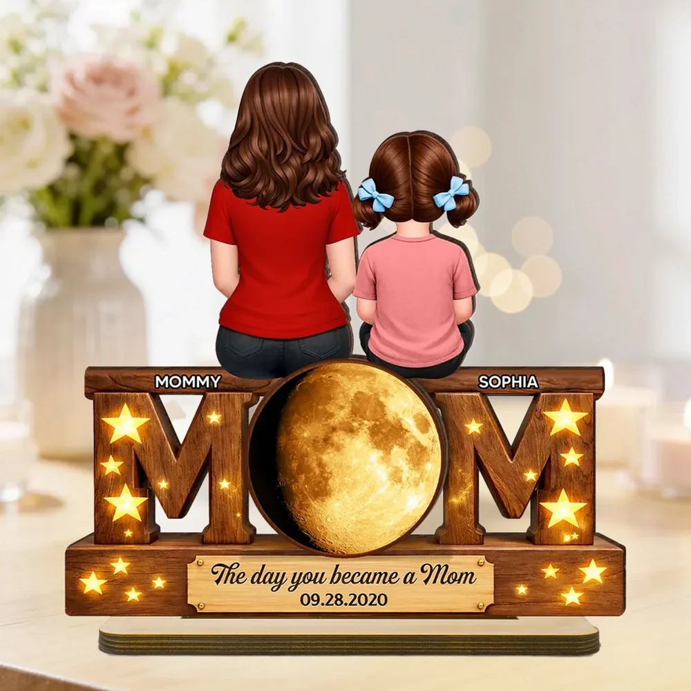 Personalized 2-Layer Wooden Plaque Mom and Daughter Sitting Together - Unique Mother's Day Gift for a Sweet Family Keepsake