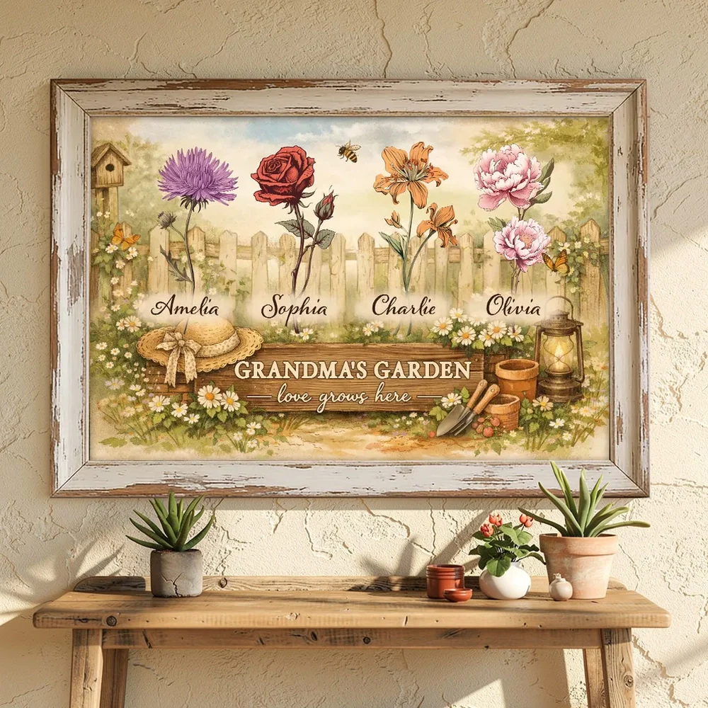 Personalized Grandma's Garden Flowers Poster, Vintage Cottagecore Wall Art, Unique Gift for Grandma or Mom
