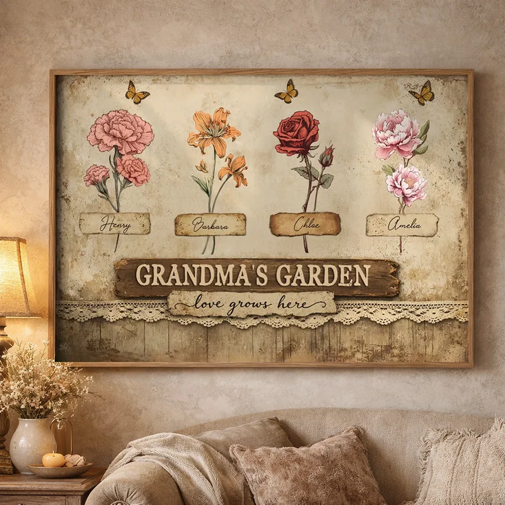 Personalized Grandma's Garden Poster, Vintage Floral Butterflies Wall Art, Unique Gift for Grandma or Mom