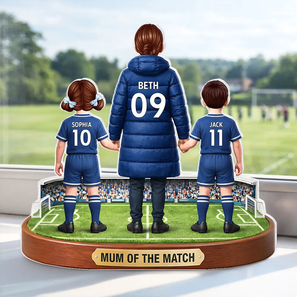 Personalized Shaped Acrylic Block Plaque Soccer Mom Holding Hands with Kids Keepsake, Mum of the Match Gift - Image 3