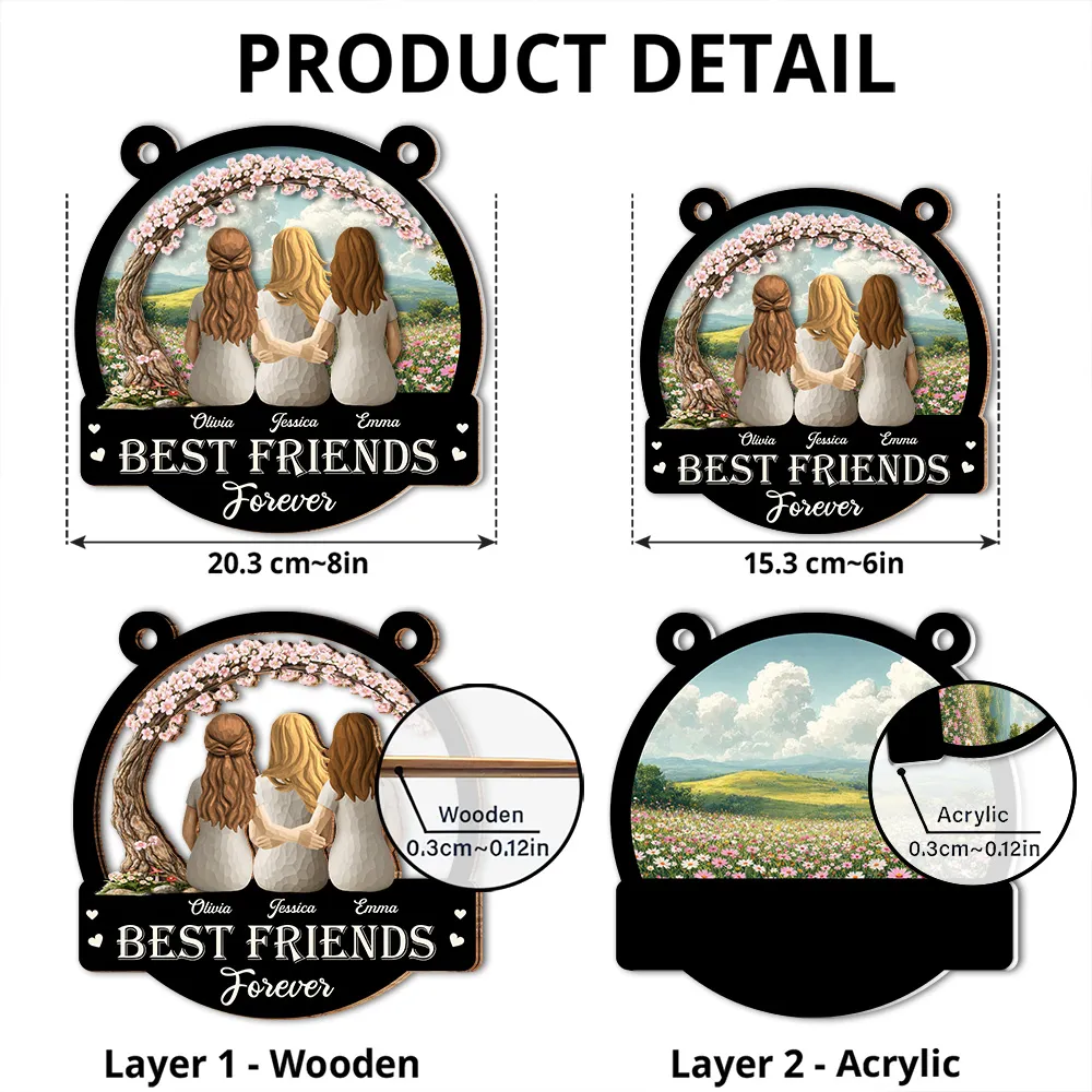 Personalized Wood and Acrylic Layered Ornament Best Friends Forever, Back View Hugging Friends in Wildflower Meadow, Unique Gift - Image 4
