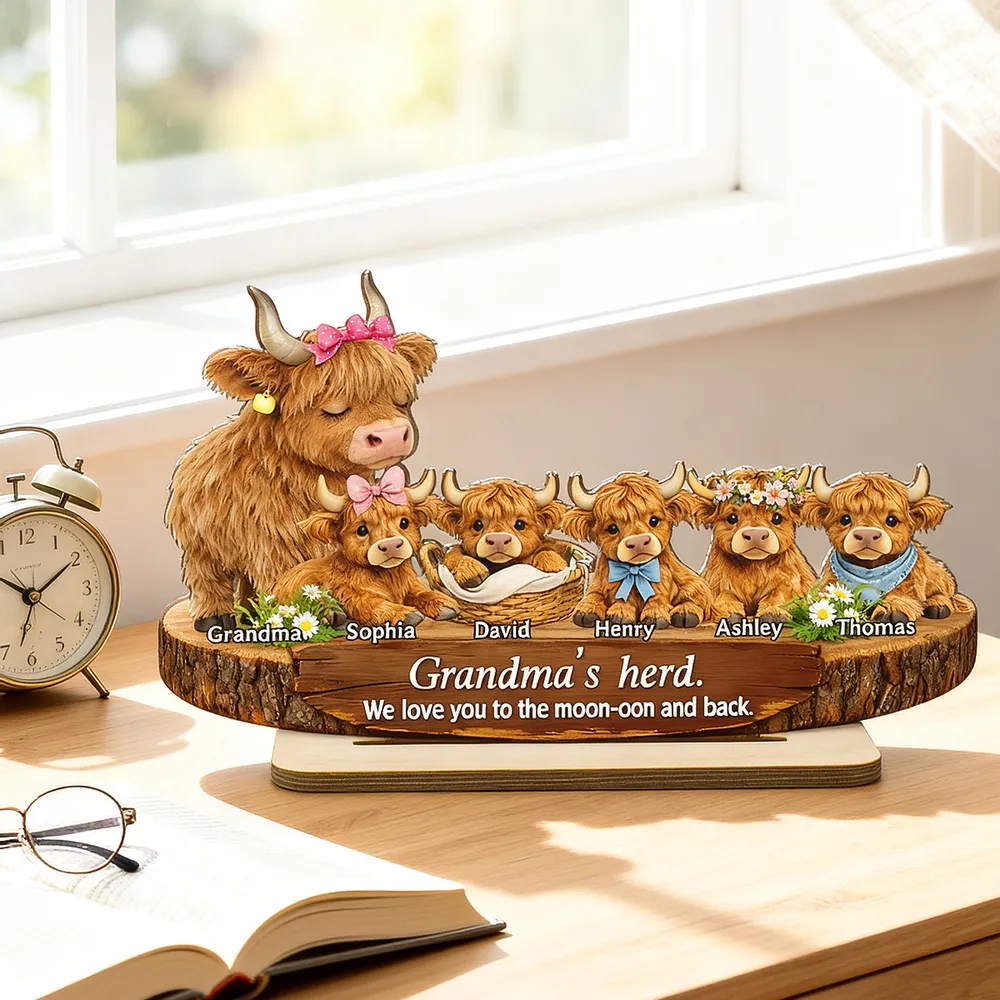 Personalized 2-Layer Wooden Plaque Highland Cow Family, Grandma & Grandpa's Herd, Unique Gift for Grandparents - Image 3