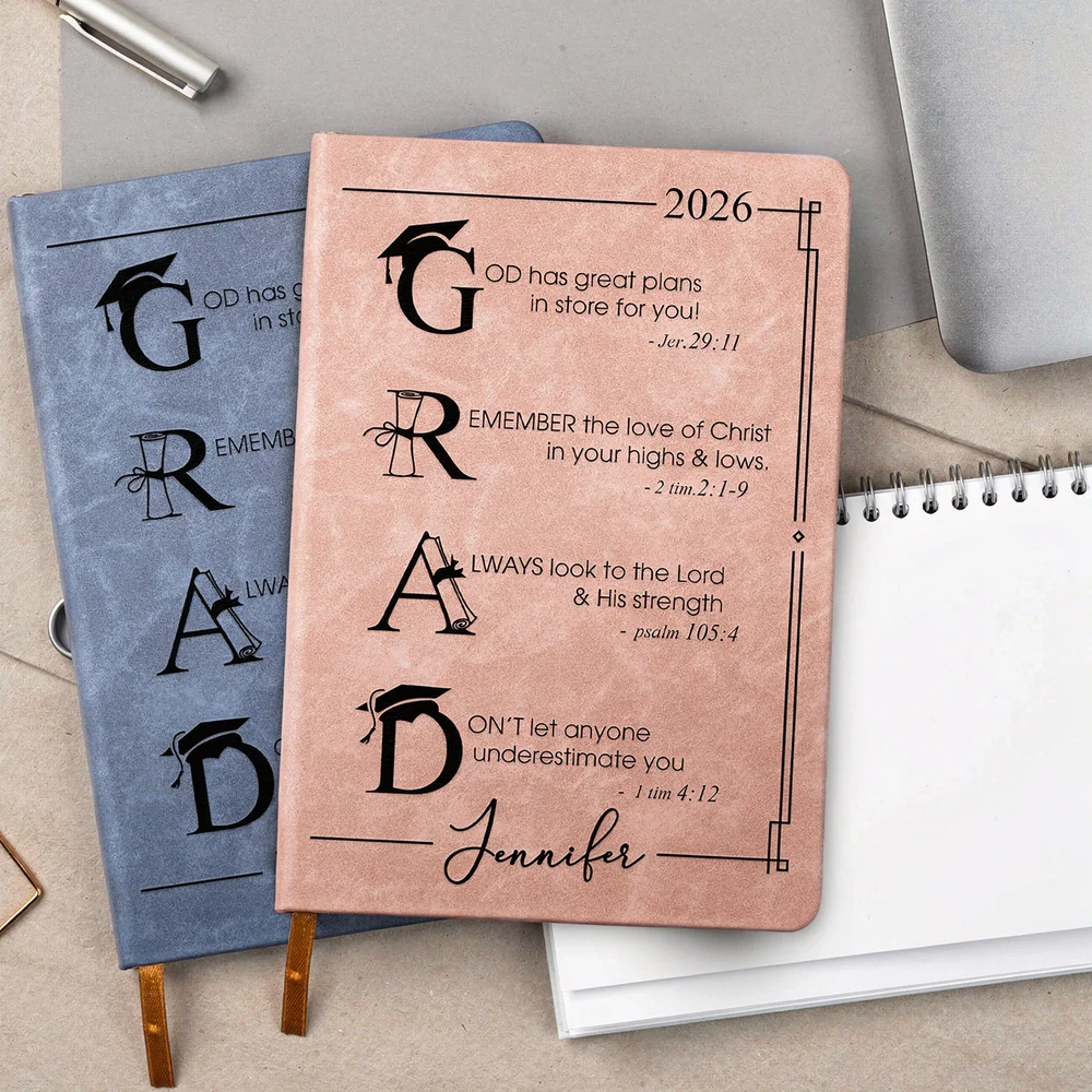 Personalized Leather Journal with Faith Graduation Quote, Unique Christian Gift for Her or Him