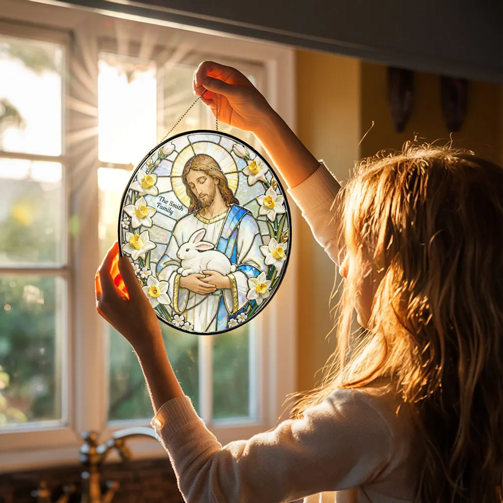 Personalized Jesus With Bunny Glass Suncatcher Ornament for Easter Window Display, Bright Colorful Light, Unique Religious Gift - Image 2