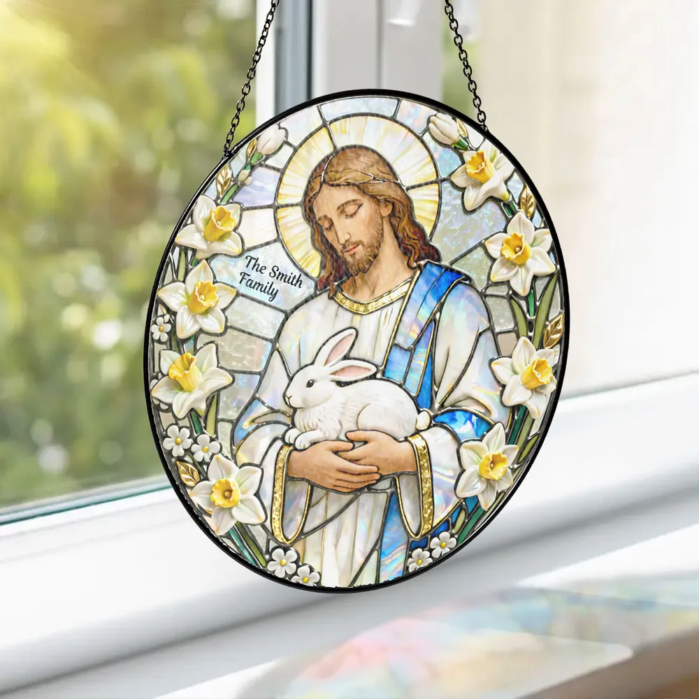 Personalized Jesus With Bunny Glass Suncatcher Ornament for Easter Window Display, Bright Colorful Light, Unique Religious Gift - Image 5