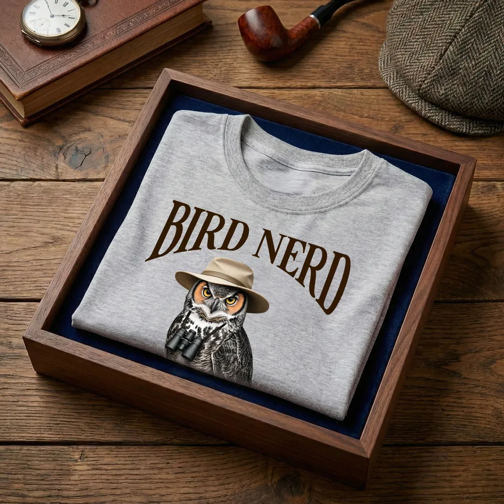 Personalized Bird Nerd Classic Tee with Owl in Hat and Binoculars, Funny Birdwatching Look, Unique Gift for Bird Lover - Image 2