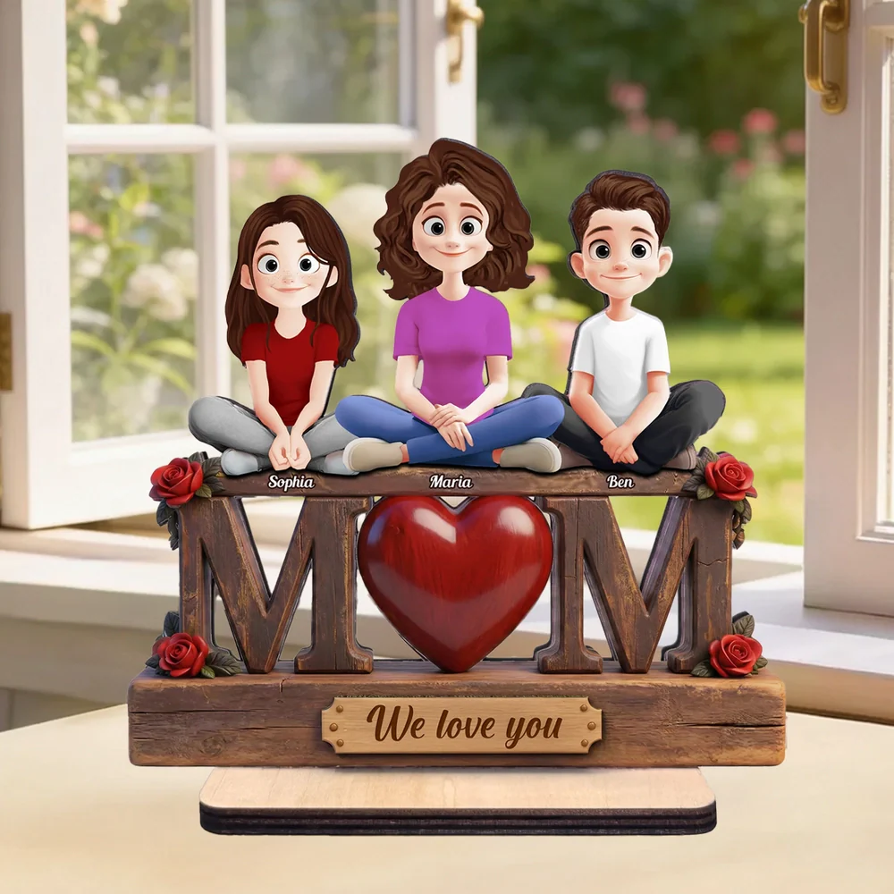 Personalized 2-Layer Wooden Plaque with Custom Cartoon Family and We Love You Message, Unique Gift for Mom - Image 3
