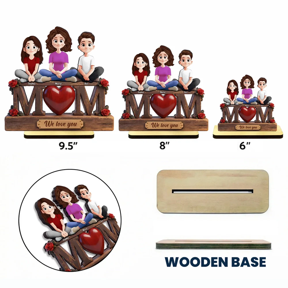 Personalized 2-Layer Wooden Plaque with Custom Cartoon Family and We Love You Message, Unique Gift for Mom - Image 4