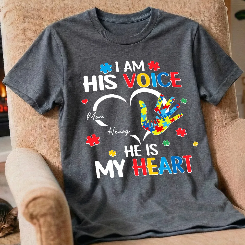 Personalized Autism Awareness Classic Tee I Am His Voice He Is My Heart Puzzle Hand Unique Gift for Mom - Image 2