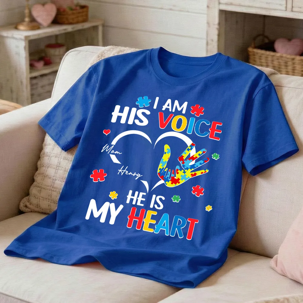Personalized Autism Awareness Classic Tee I Am His Voice He Is My Heart Puzzle Hand Unique Gift for Mom - Image 3