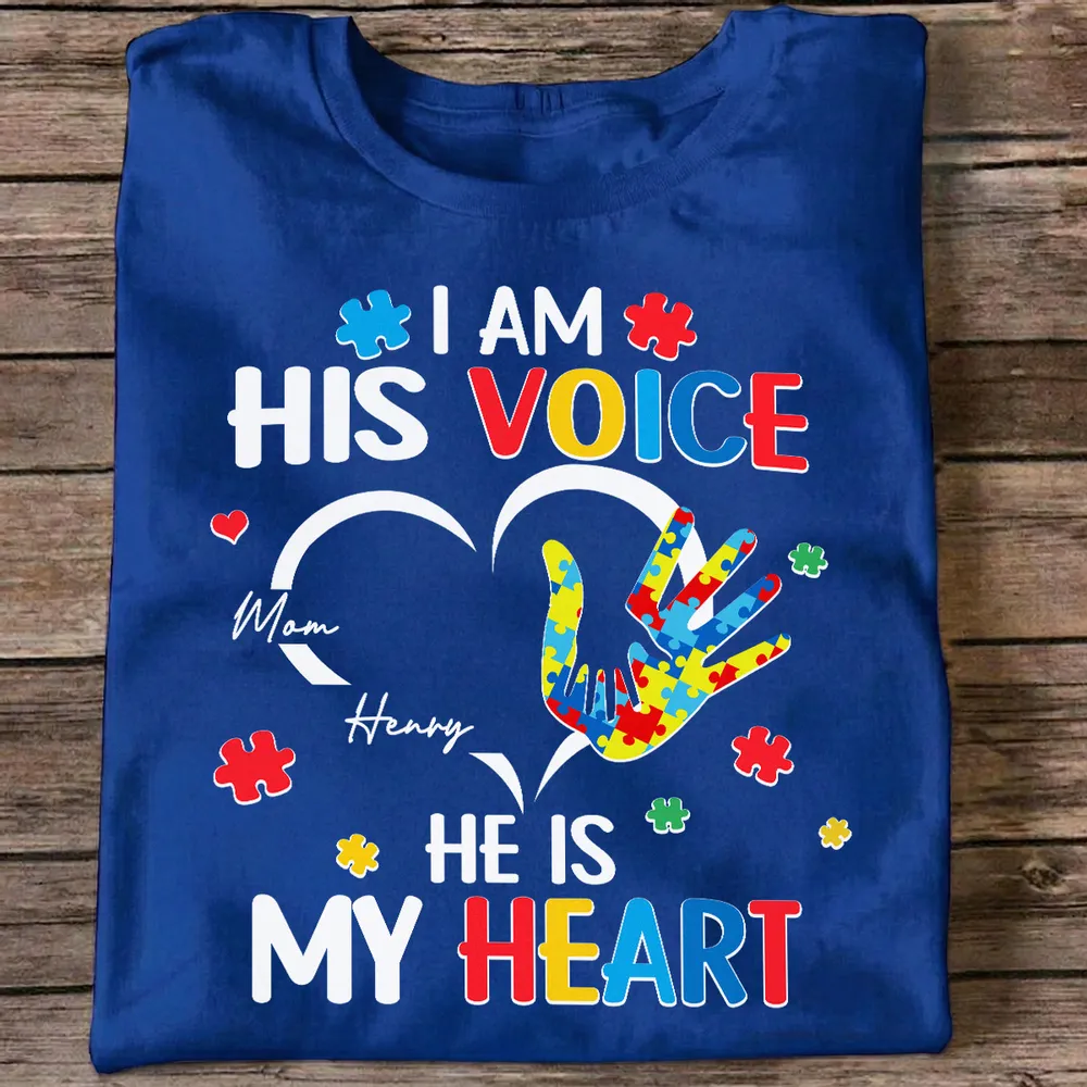 Personalized Autism Awareness Classic Tee I Am His Voice He Is My Heart Puzzle Hand Unique Gift for Mom - Image 5