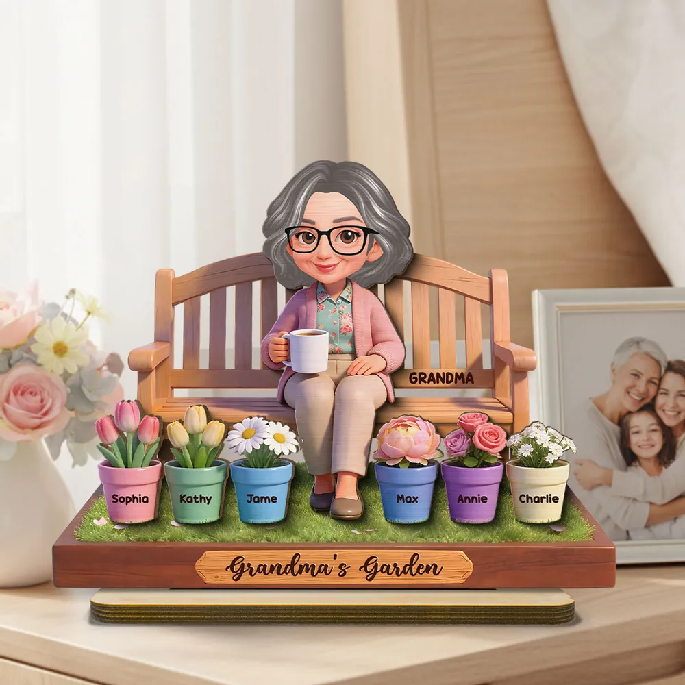 Personalized 2-Layer Wooden Plaque Grandma's Garden Bench Scene for Grandma, Sweet Family Keepsake Gift - Image 2