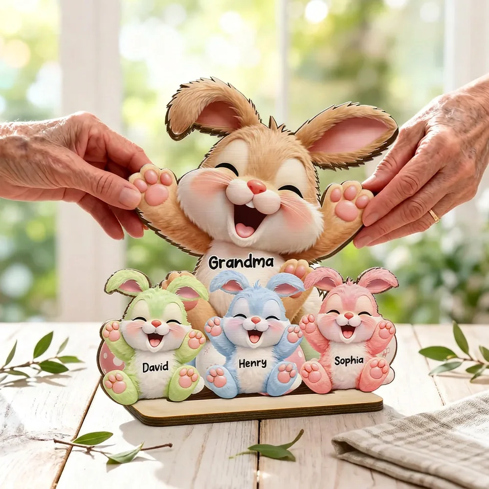 Personalized 2-Layer Wooden Plaque with Grandma Bunny and Little Bunnies Easter Table Decor, Unique Gift for Grandma