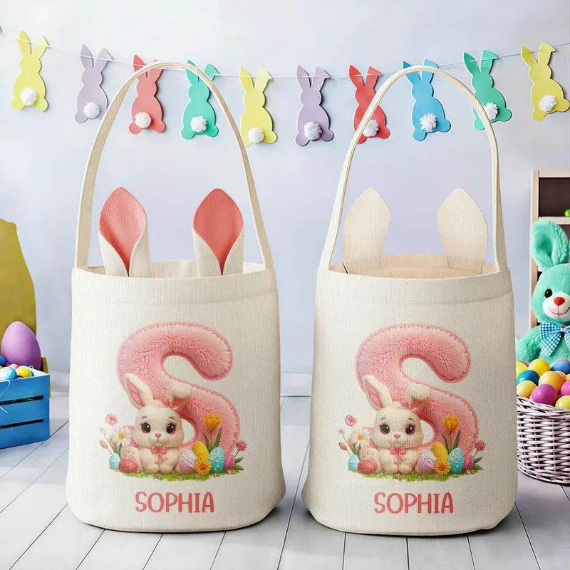 Personalized Bunny Ears Bucket Bag with Alphabet Patch, Cute Easter Bunny Scene, Unique Gift for Kids - Image 3