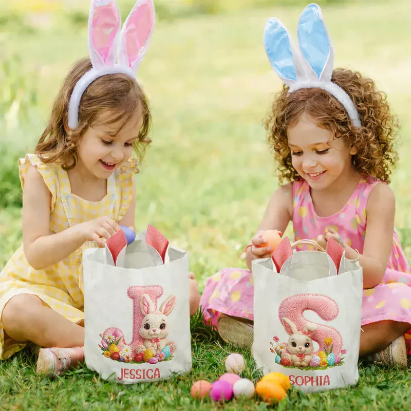 Personalized Bunny Ears Bucket Bag with Alphabet Patch, Cute Easter Bunny Scene, Unique Gift for Kids - Image 6