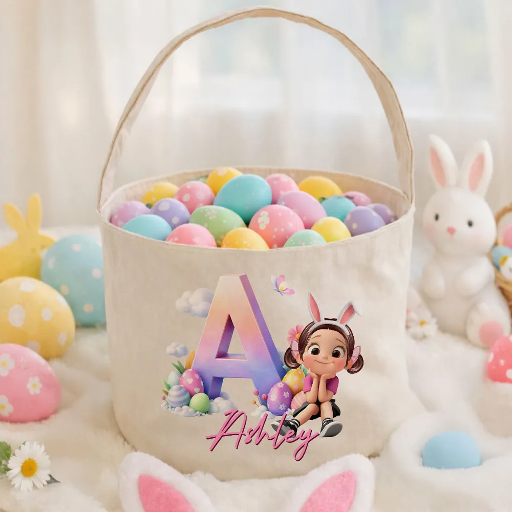Personalized Polyester Basket Tote Easter Egg Hunt Bag With Cute Sitting Girl & Initial, Unique Gift For Kids - Image 5