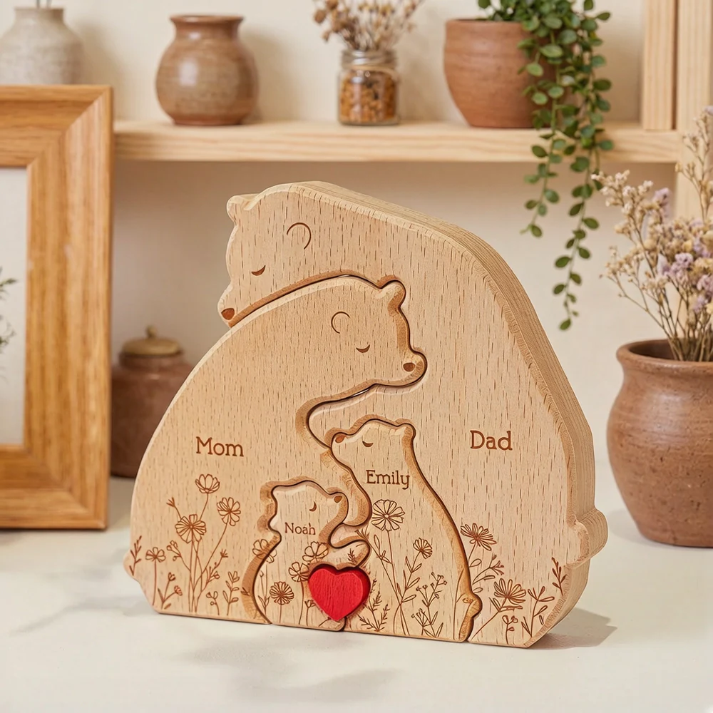 Wooden Bear Family Puzzle Personalized Name Keepsake for Mom & Dad, Sweet Hugging Scene with Heart, Unique Gift