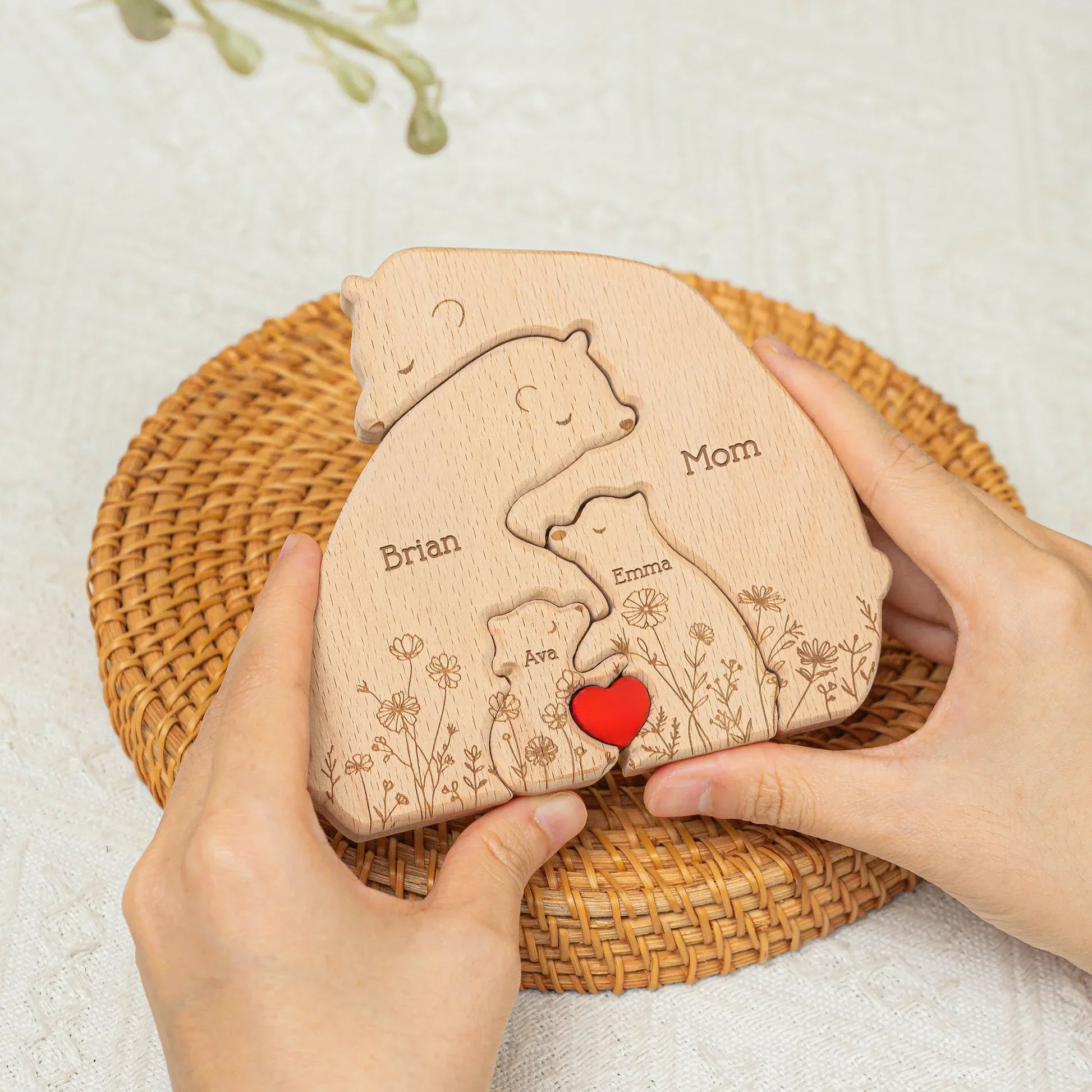 Wooden Bear Family Puzzle Personalized Name Keepsake for Mom & Dad, Sweet Hugging Scene with Heart, Unique Gift - Image 3