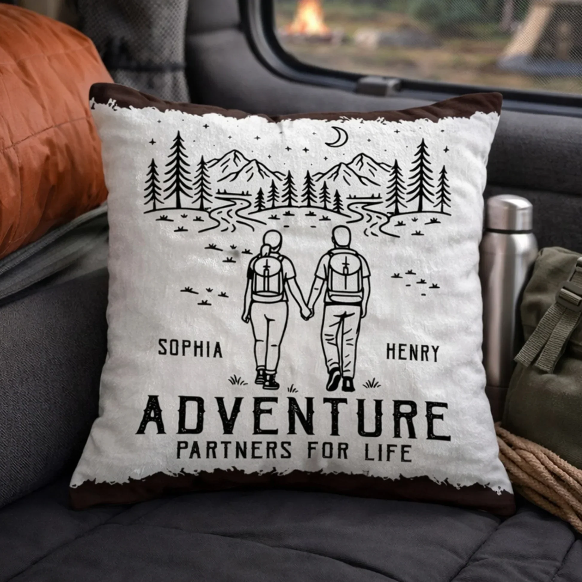 Square Pillow Personalized for Your Adventure Partners for Life, Hand in Hand Camping Scene, Sweet Gift for Couples - Image 3