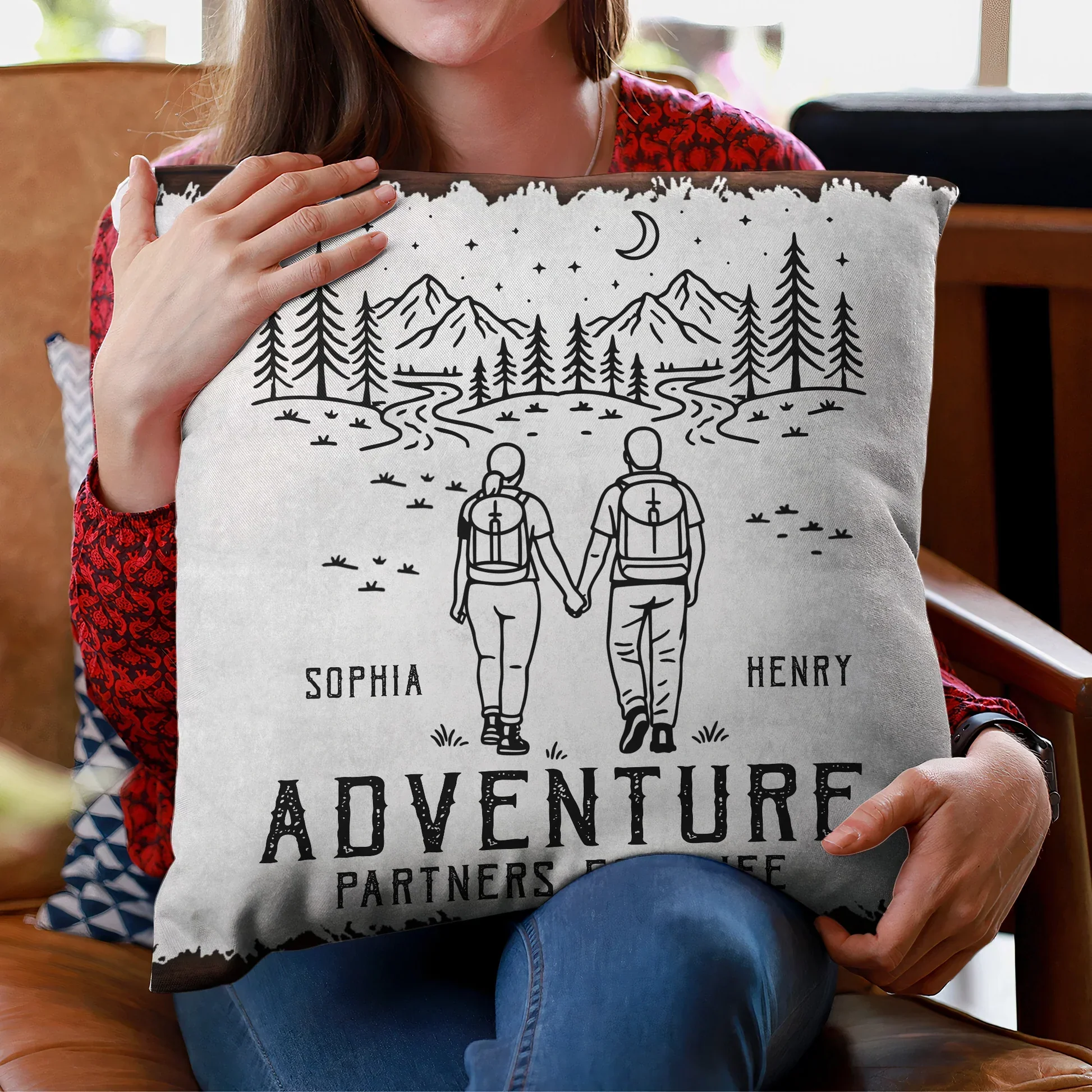 Square Pillow Personalized for Your Adventure Partners for Life, Hand in Hand Camping Scene, Sweet Gift for Couples - Image 4