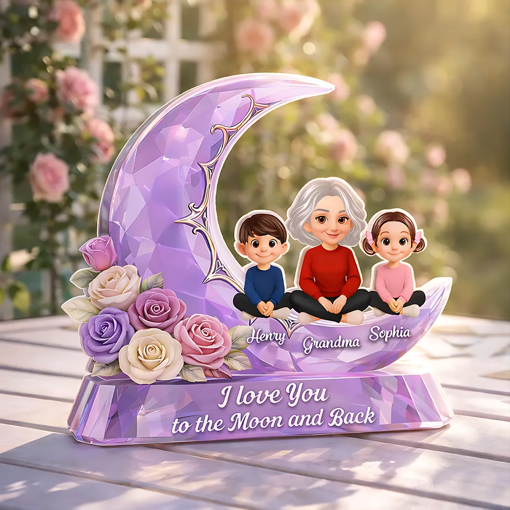 Personalized Shaped Acrylic Block Plaque with Grandma and Grandkids on a Purple Moon, Unique Gift for Grandma, I Love You to the Moon and Back - Image 2