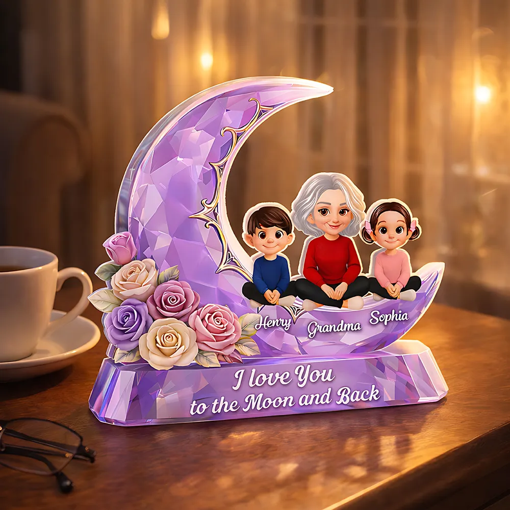 Personalized Shaped Acrylic Block Plaque with Grandma and Grandkids on a Purple Moon, Unique Gift for Grandma, I Love You to the Moon and Back - Image 3