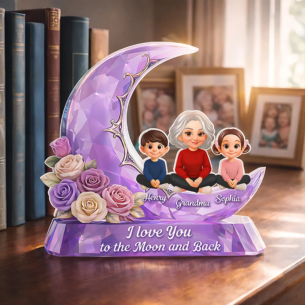 Personalized Shaped Acrylic Block Plaque with Grandma and Grandkids on a Purple Moon, Unique Gift for Grandma, I Love You to the Moon and Back - Image 5